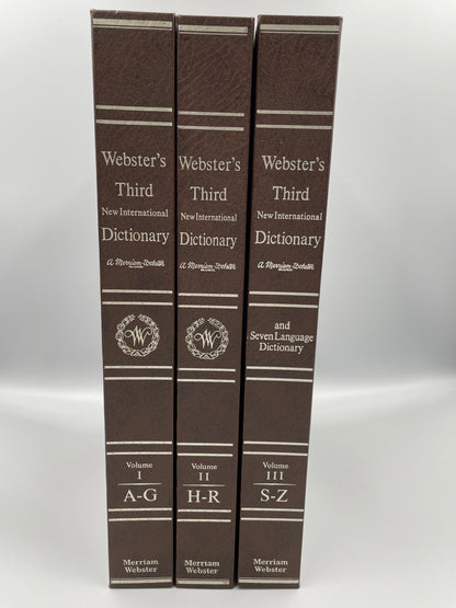 Book Spines of 3 Volume set of Webster’s Third New International Dictionary (1986). Includes Seven Language Dictionary by Britannica