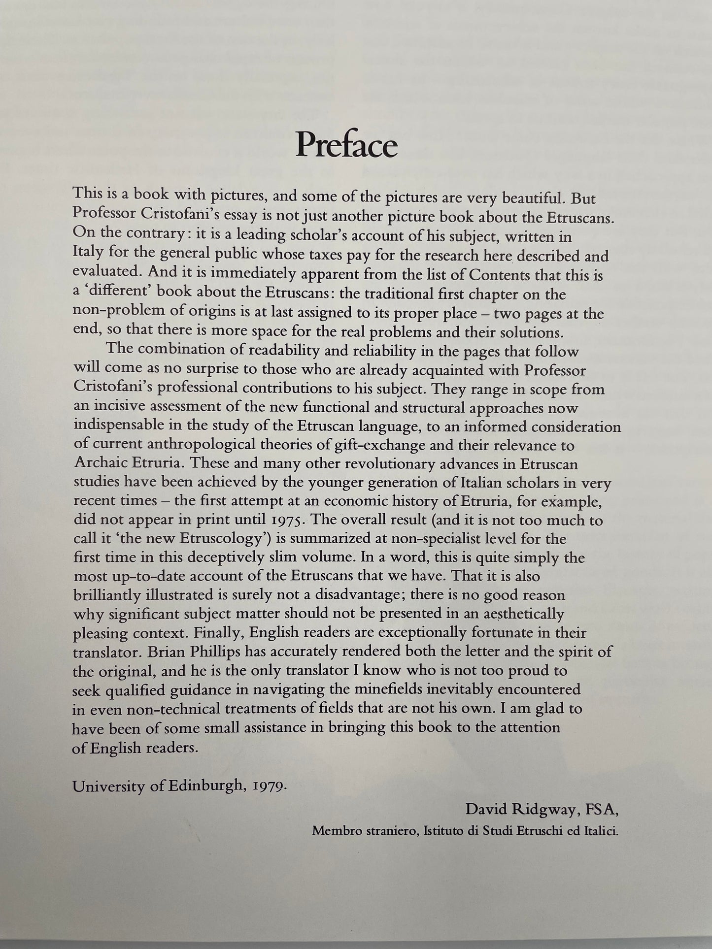 Preface page from 'The Etruscans' by Mauro Cristofani.