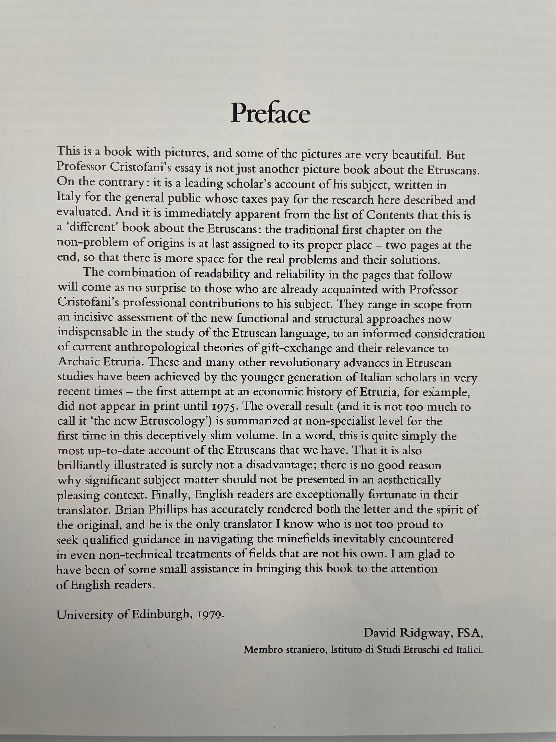 Preface page from 'The Etruscans' by Mauro Cristofani.