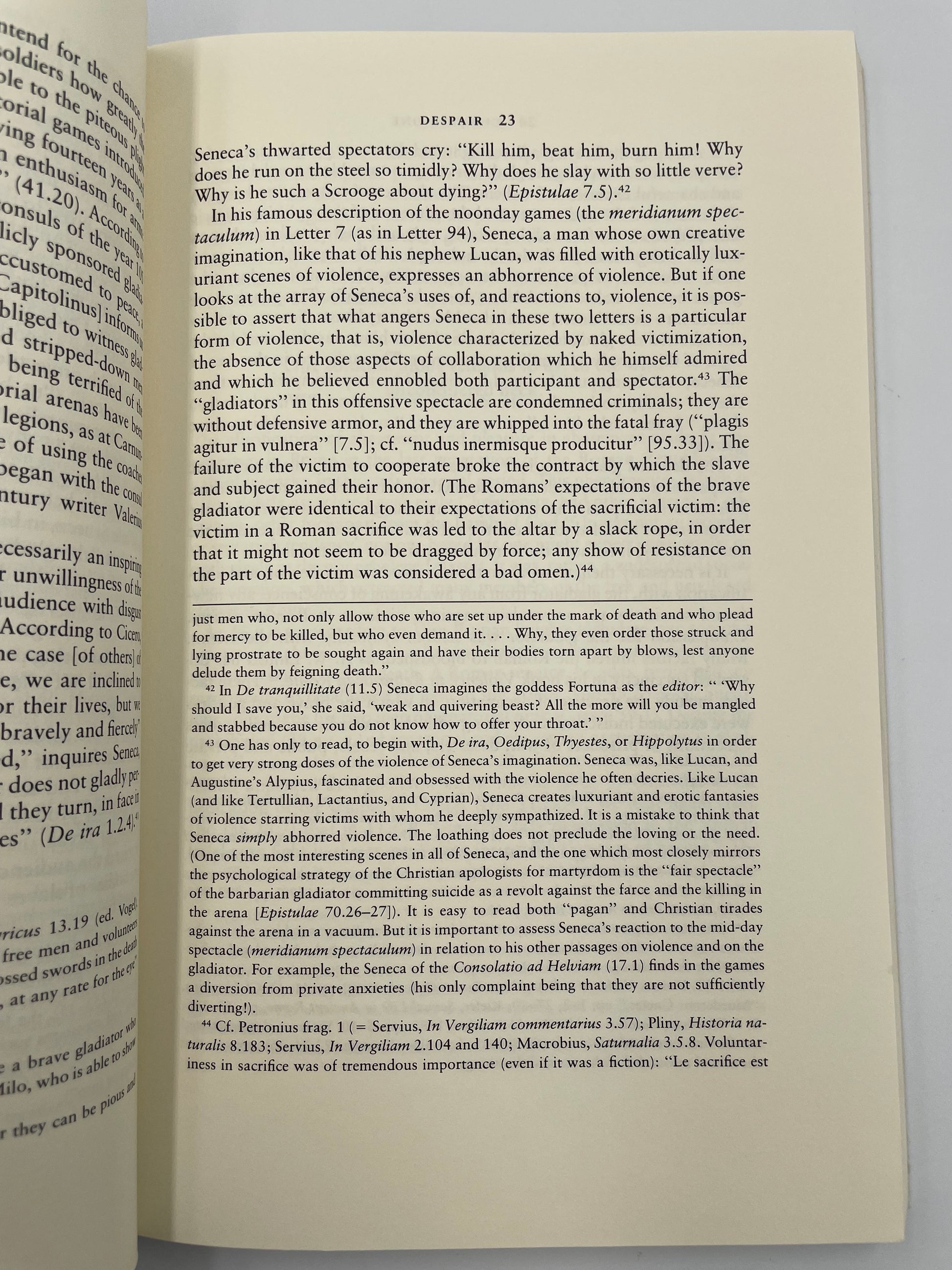 Page 23 with text and bibliographical notes from  'The Sorrows of the Ancient Romans: The Gladiator and the Monster' by Carlin A. Barton.