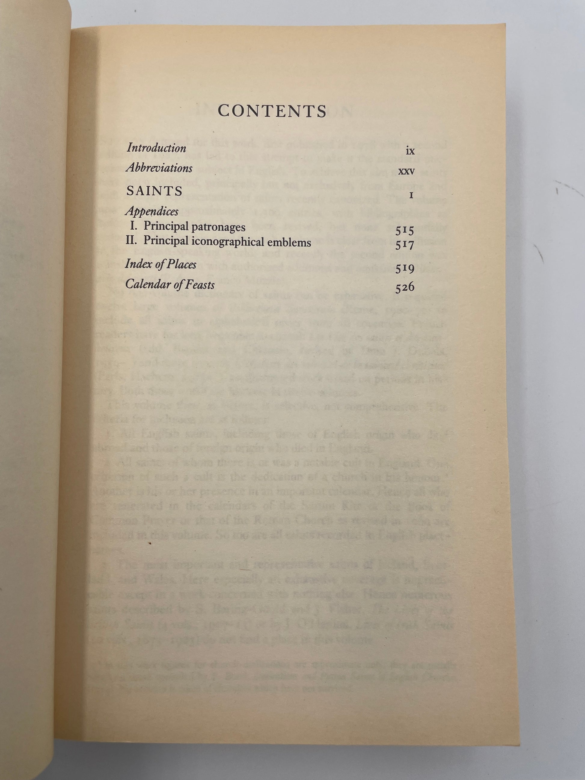 Table of contents page of from ‘The Oxford Dictionary of Saints’ by David Hugh Farmer on a beige background.