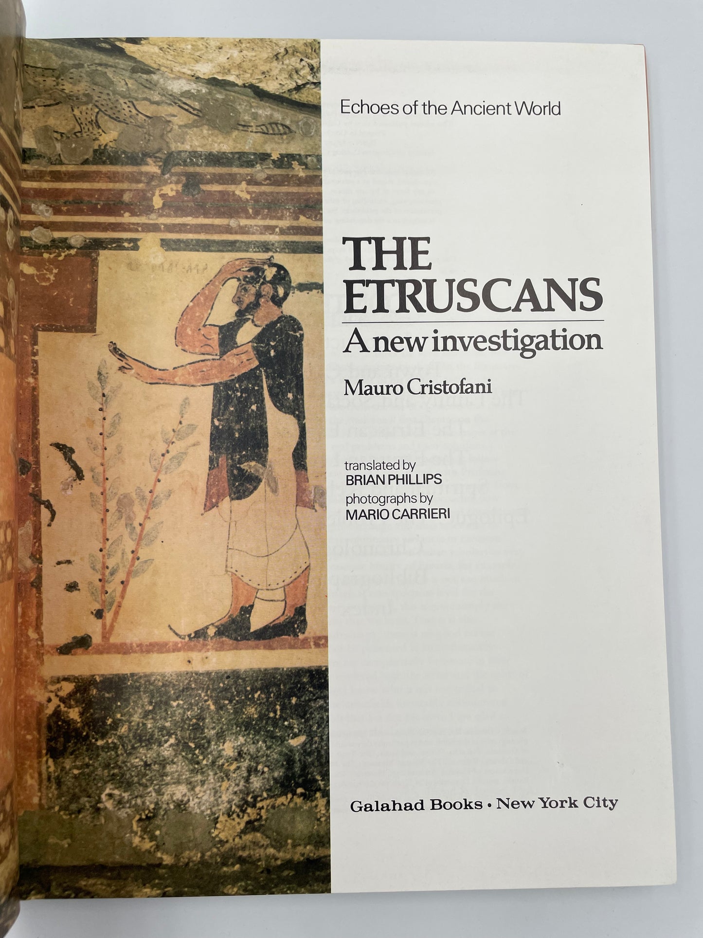 Title page from 'The Etruscans: A New Investigation' with ancient artwork on a gray background.