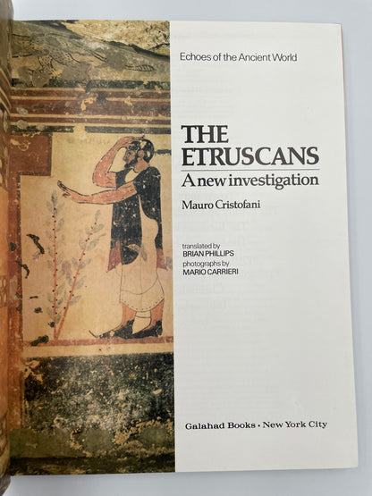 Title page from 'The Etruscans: A New Investigation' with ancient artwork on a gray background.