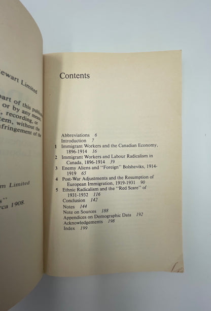Contents page of 'Dangerous Foreigners' European immigrant workers and labour radicalism in Canada 1896-1932 by Donald Avery