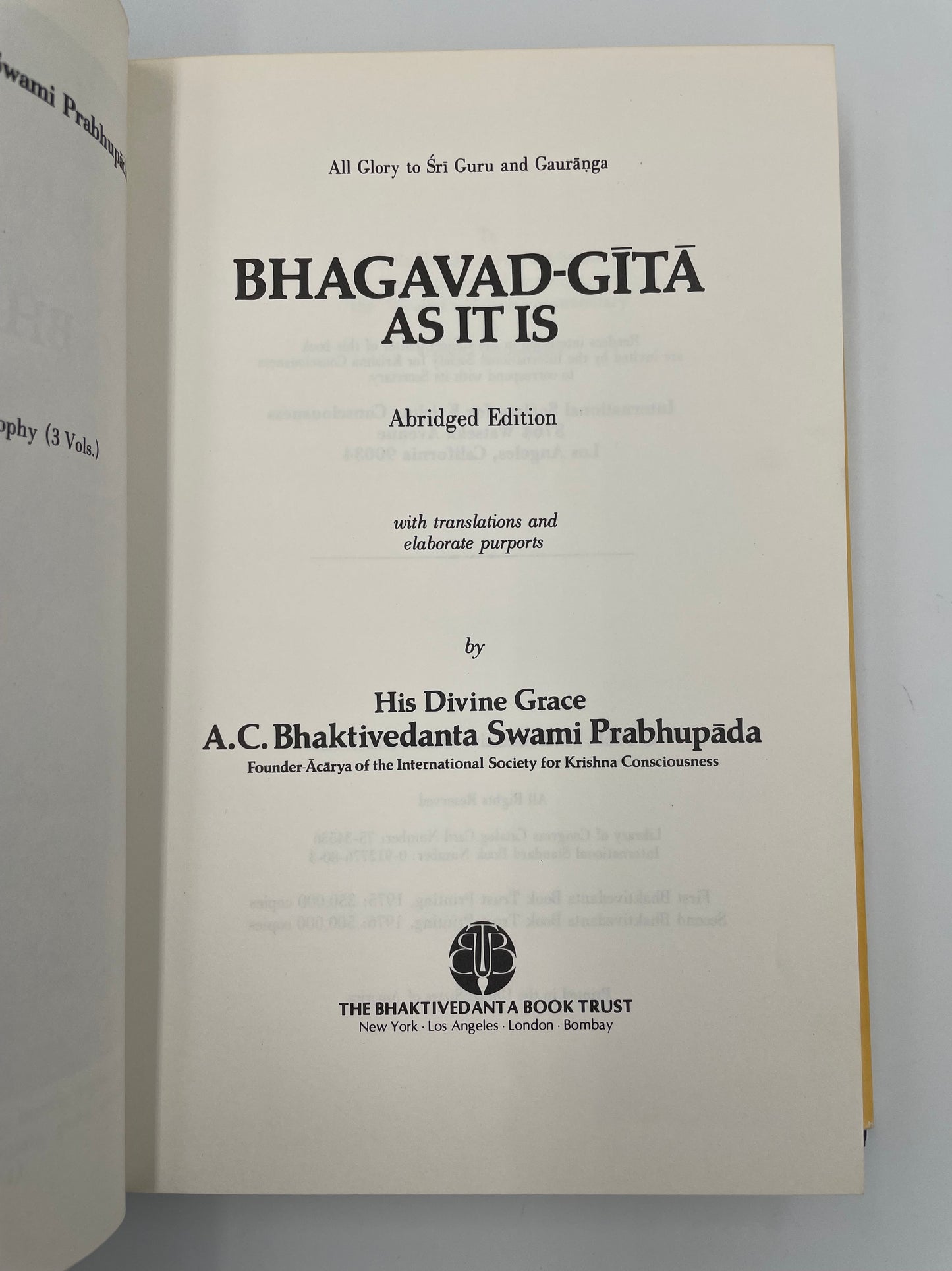Title page of 'Bhagavad Gita As It Is' with text on a white background