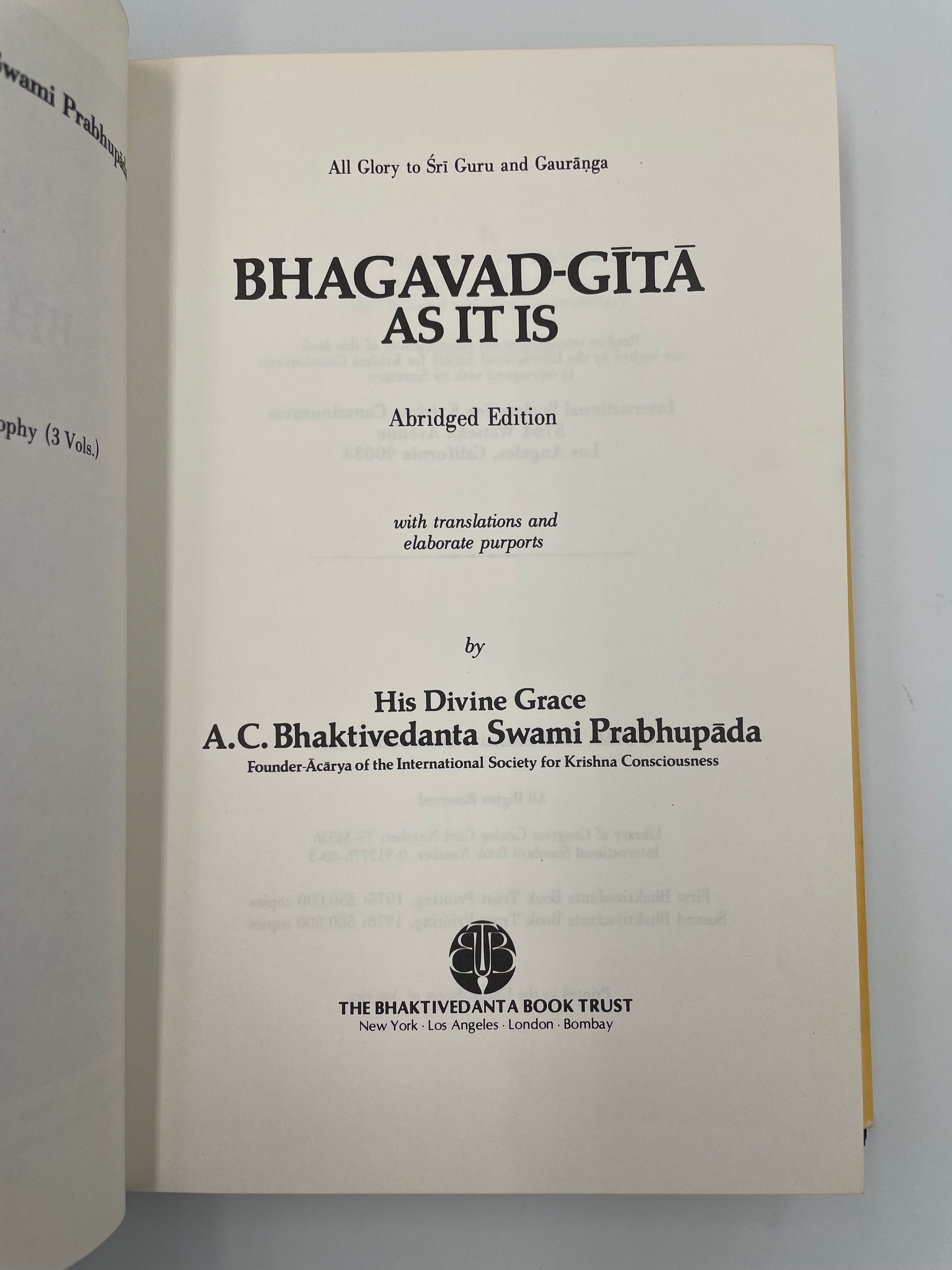 Title page of 'Bhagavad Gita As It Is' with text on a white background