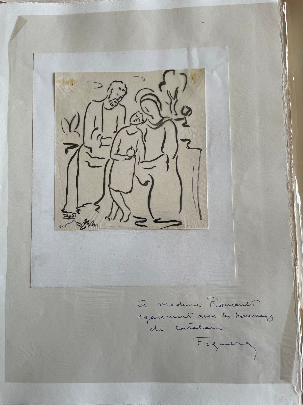 Original signed Figueras work dedicated to Madame Romanet, with an inscription: "hommages du Catalan". 
