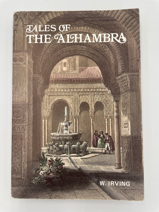 Book cover of 'Tales of the Alhambra' by W. Irving with illustration of a Moorish palace and fountain.