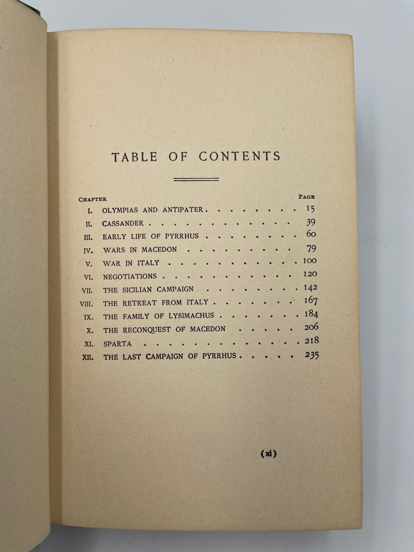 Page with table of contents from ‘Makers of History: Pyrrhus’ by Jacob Abbott