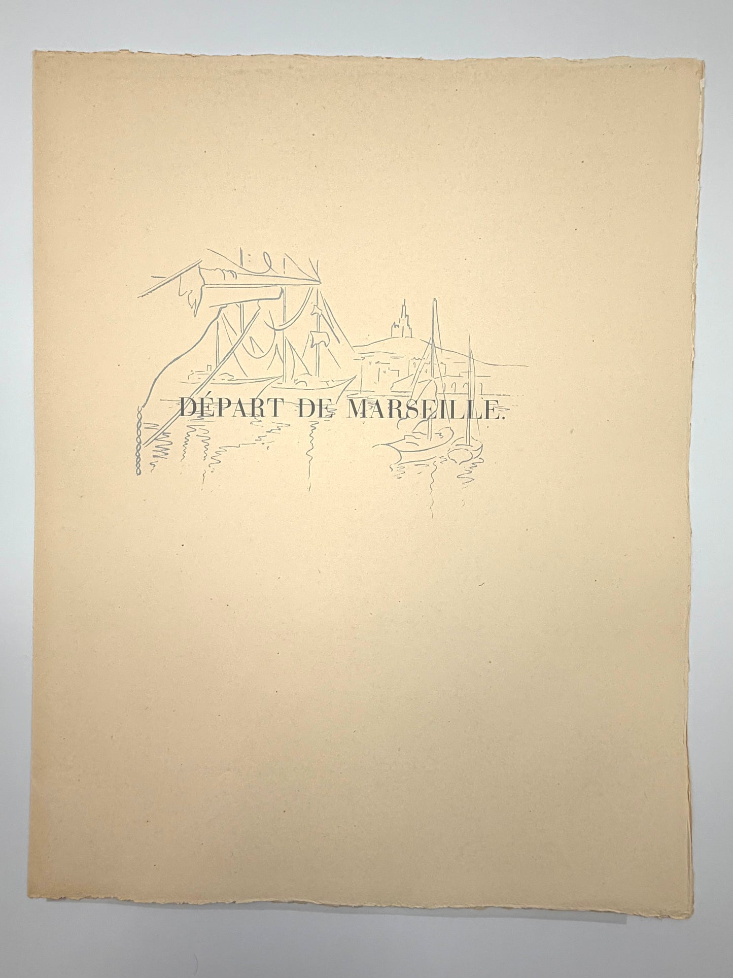 Portfolio cover for plate #1 titled 'Depart de Marseille' from the art portfolio 'Images d'Alger' by Alfred Figueras and Andre Gide. 