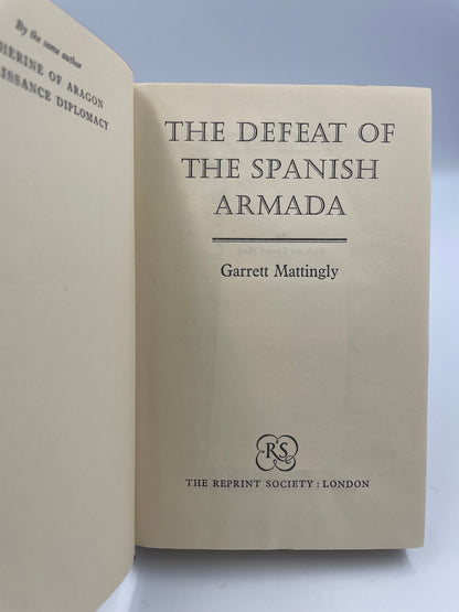 Book title page of 'The Defeat of the Spanish Armada' by Garrett Mattingly with visible branding on a light background