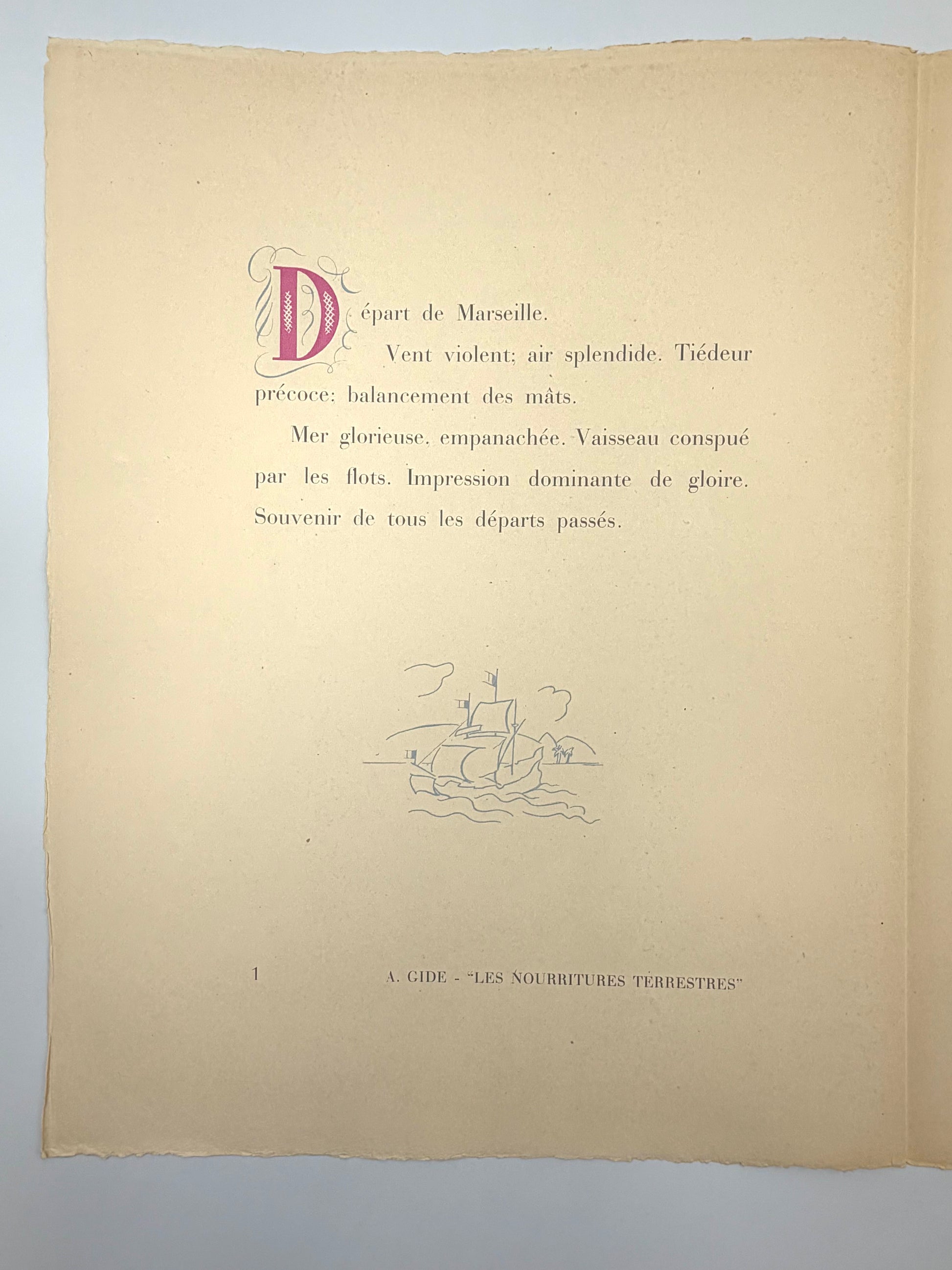 Text for plate #1 titled 'Depart de Marseille' from the art portfolio 'Images d'Alger' by Alfred Figueras and Andre Gide. 