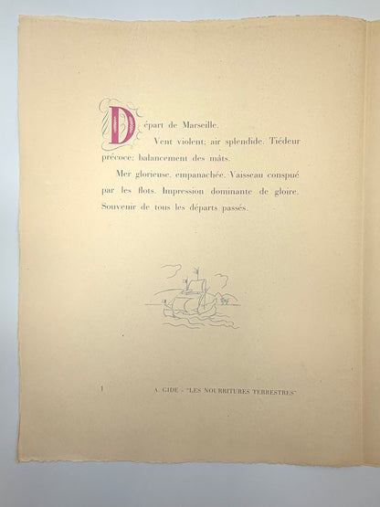 Text for plate #1 titled 'Depart de Marseille' from the art portfolio 'Images d'Alger' by Alfred Figueras and Andre Gide. 