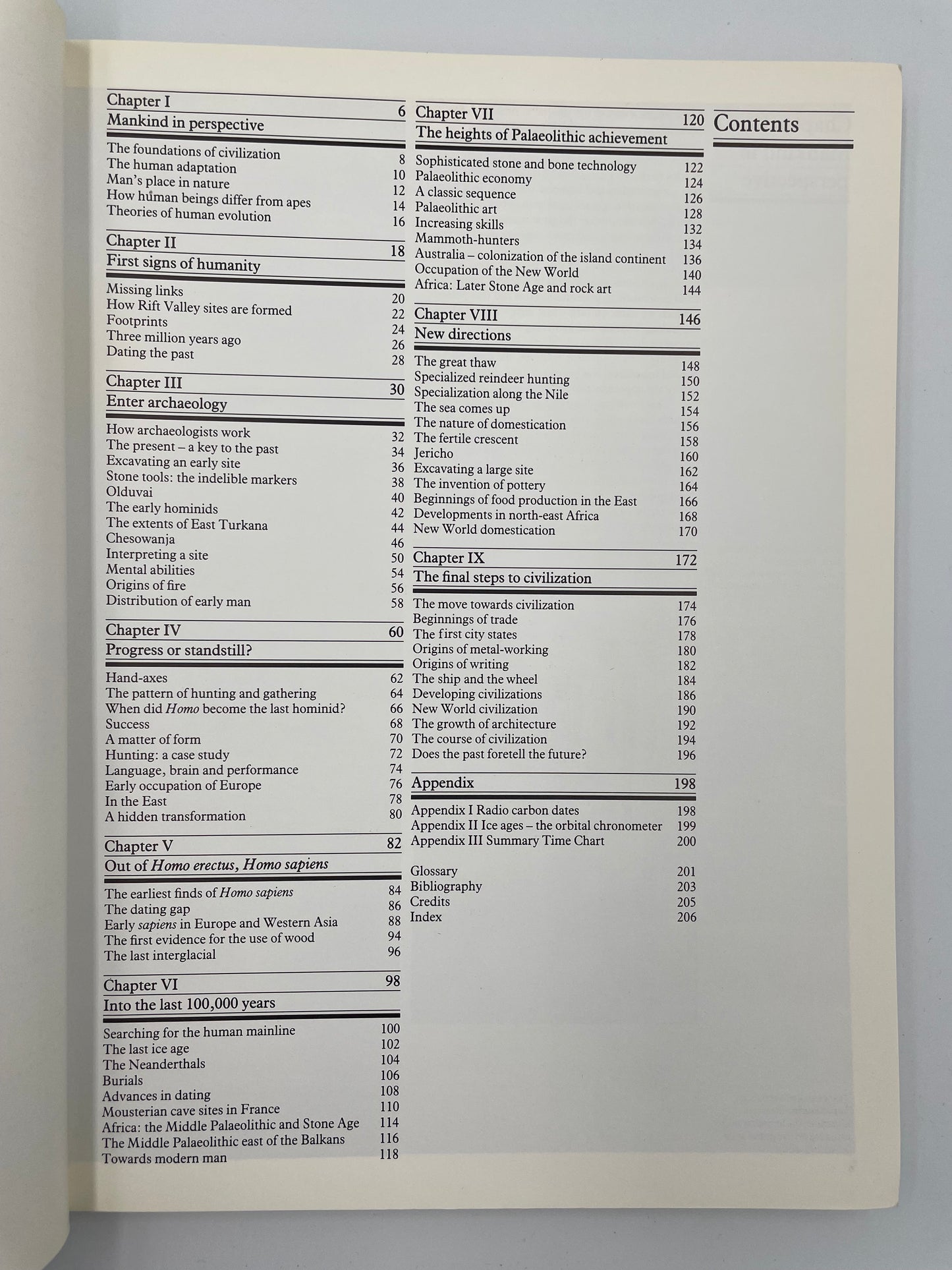 Table of contents page from ‘Ascent to Civilization’ by John Gowlett.