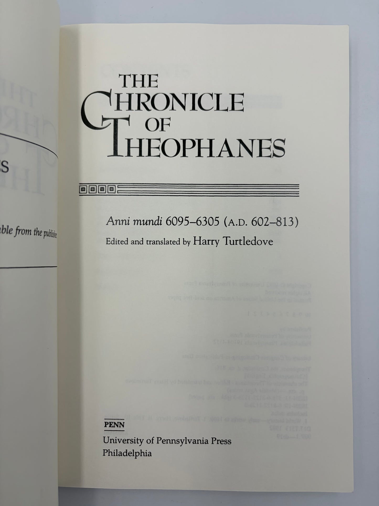 Title page of 'The Chronicle of Theophanes' with text and logo on a white background.