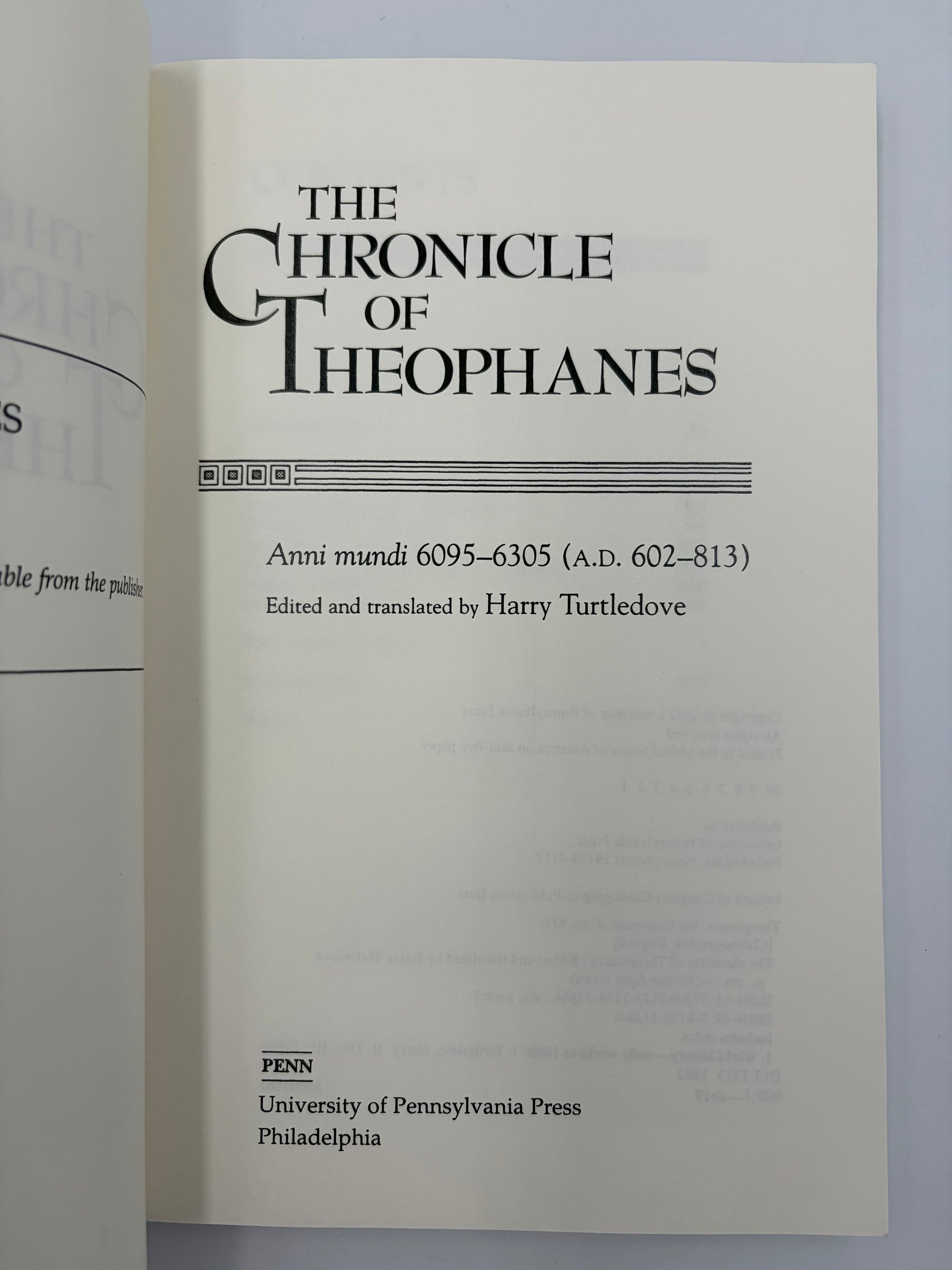 Title page of 'The Chronicle of Theophanes' with text and logo on a white background.
