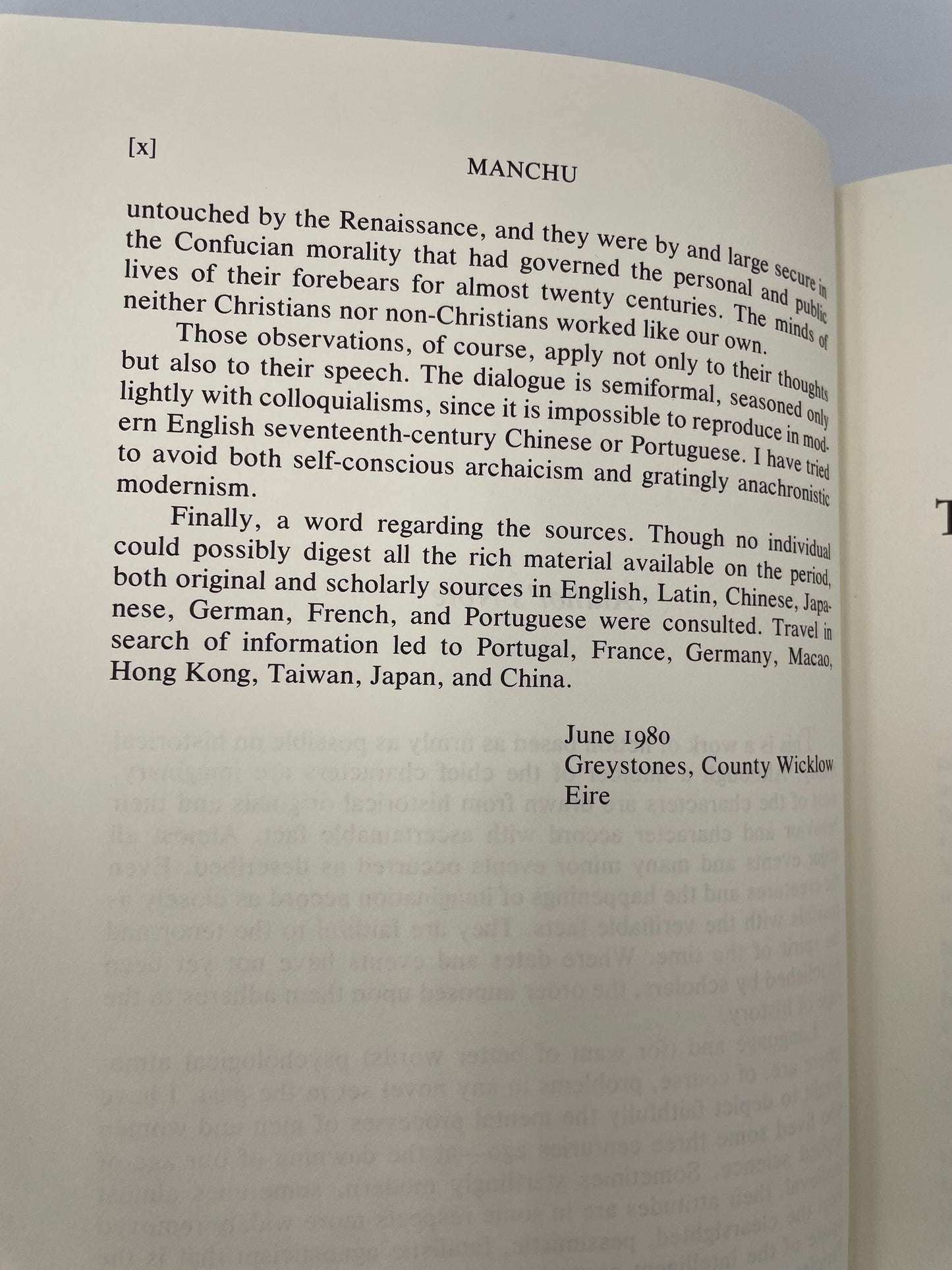 Book "Manchu" open to second page of 'Author's Note'. 