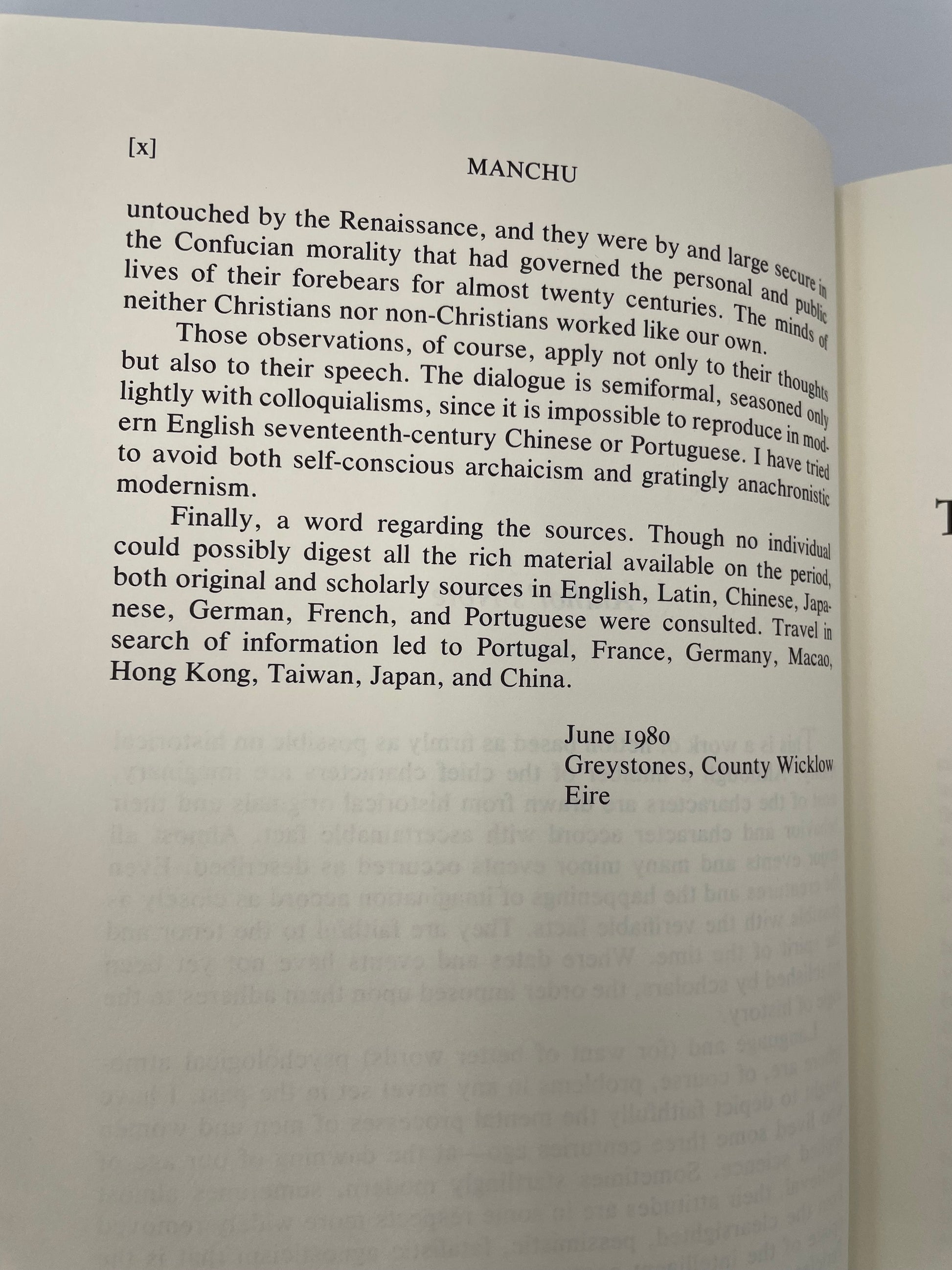 Book "Manchu" open to second page of 'Author's Note'. 