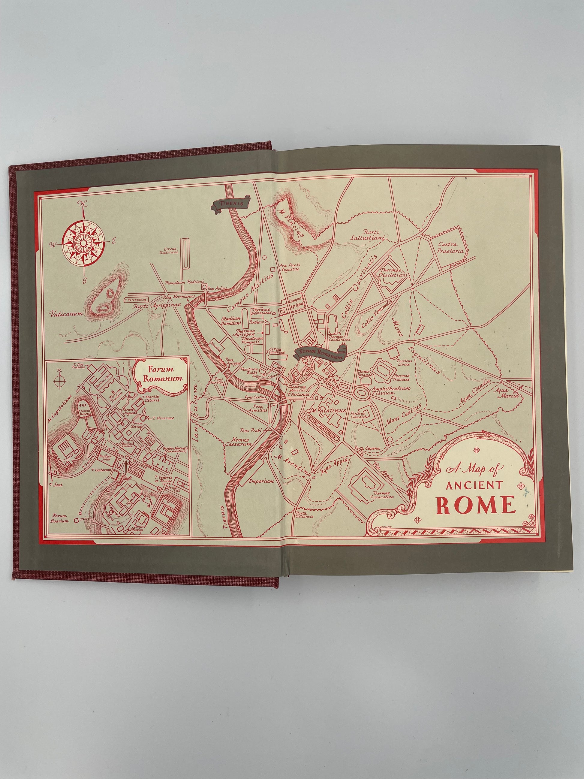 Inside cover pages of map of ancient  Rome on a gray background from 'Caesar and Christ by Will Durant' 