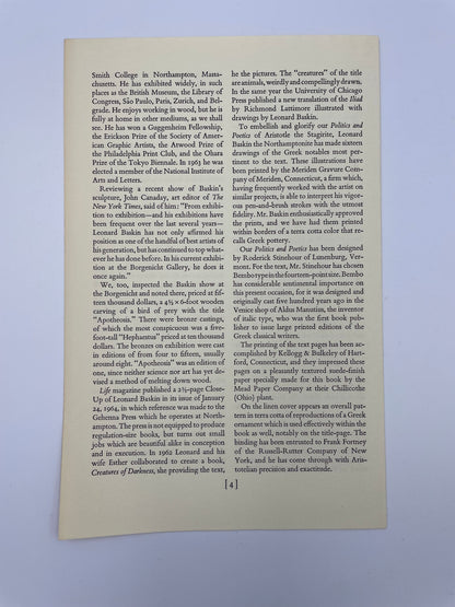 Politics & Poetics. By Aristotle (Translated by Benjamin Jowett and B.H. Butcher. Illustrations by Leonard Baskin)
