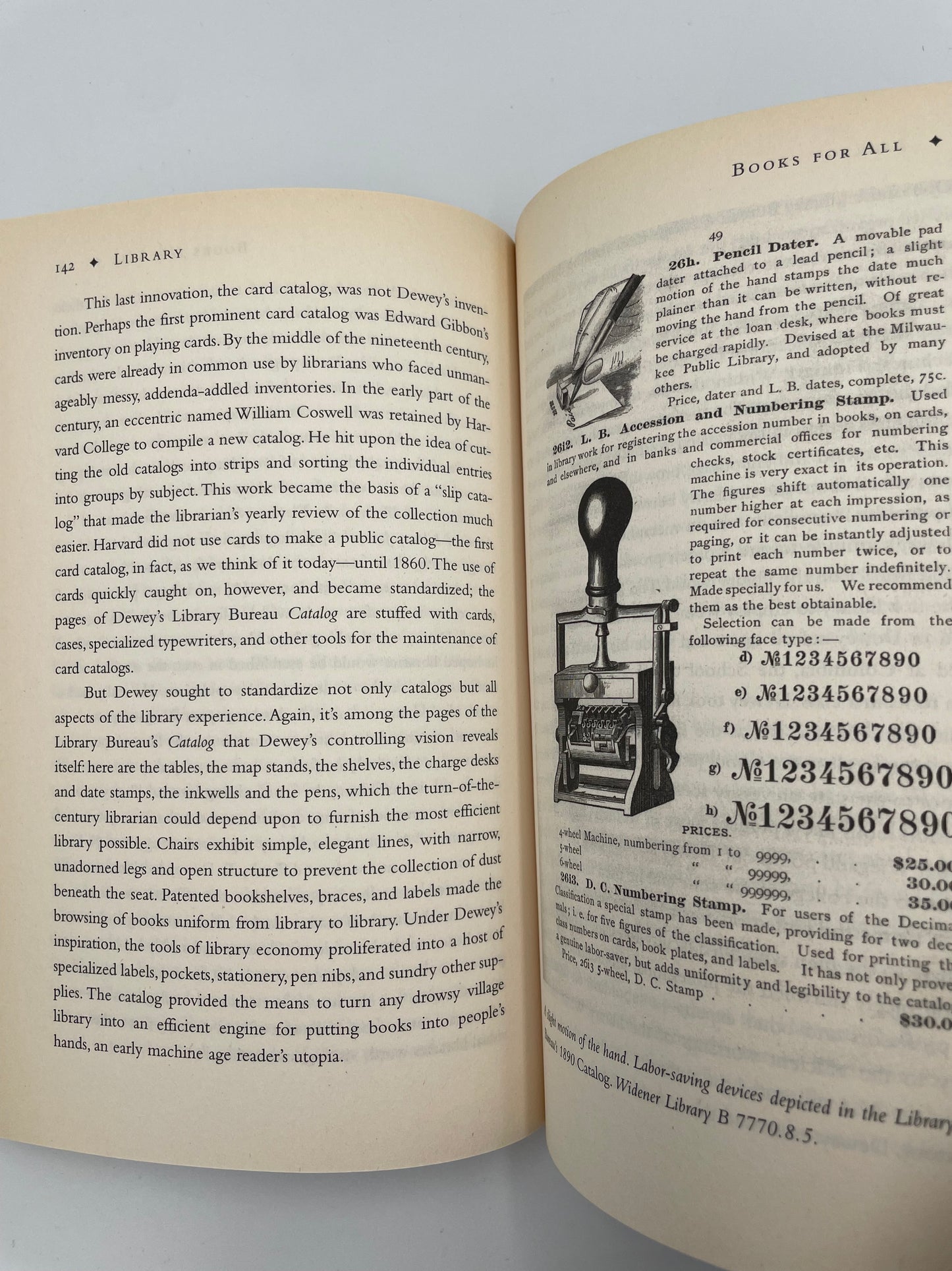 Random pages 142 and 143 with text and  illustration of an old fashioned  pencil dater, and accession and numbering stamp, from the book  'Library: An Unquiet History' by Matthew Battles.