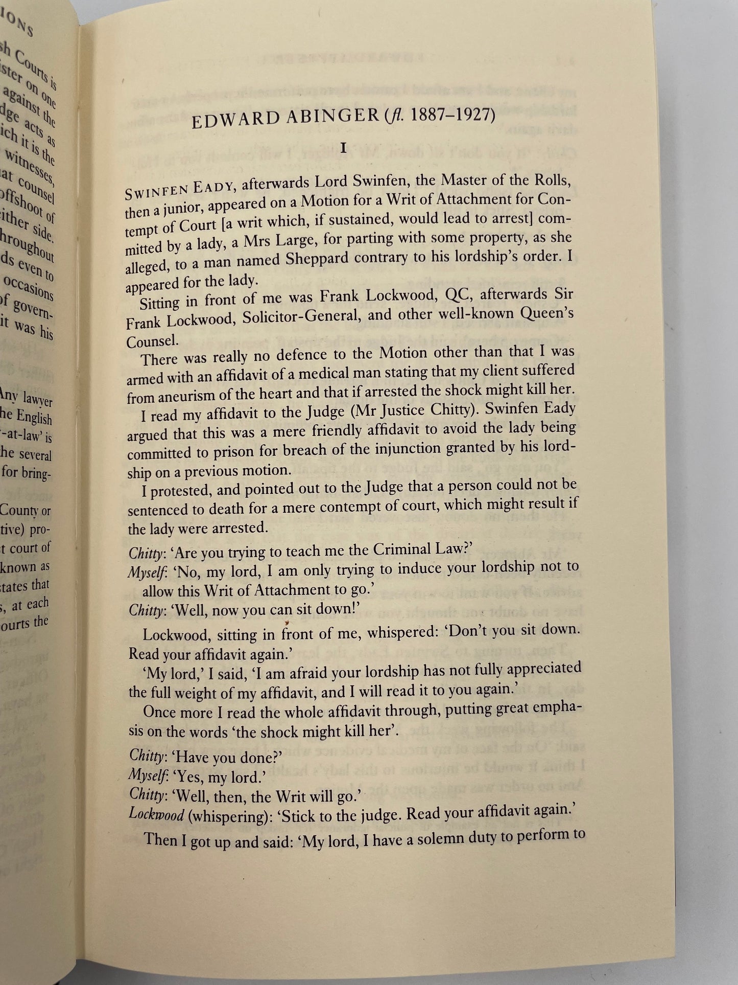 Random page of an anecdote on Edward Abinger from, 'The Oxford Book of Legal Anecdotes'.