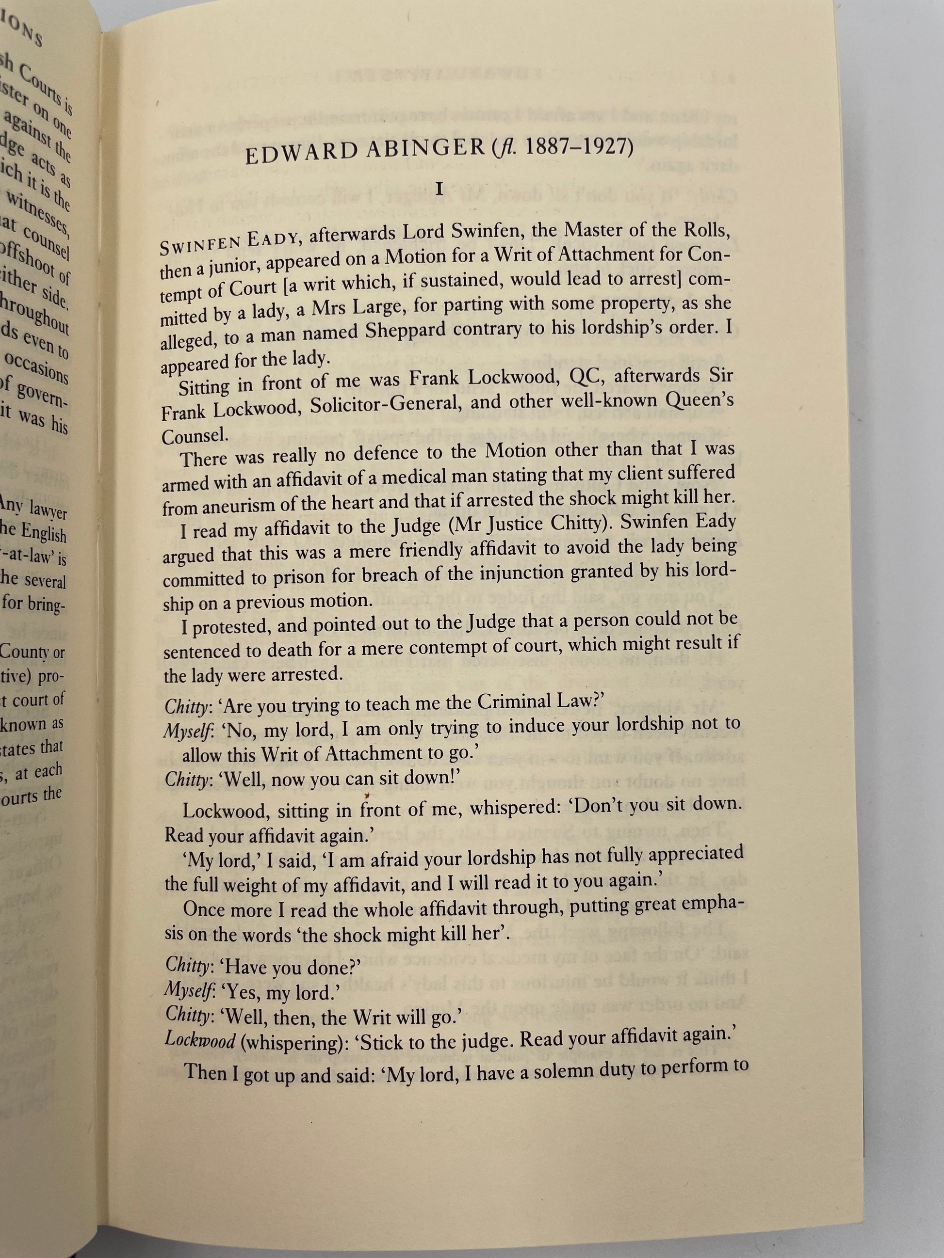 Random page of an anecdote on Edward Abinger from, 'The Oxford Book of Legal Anecdotes'.