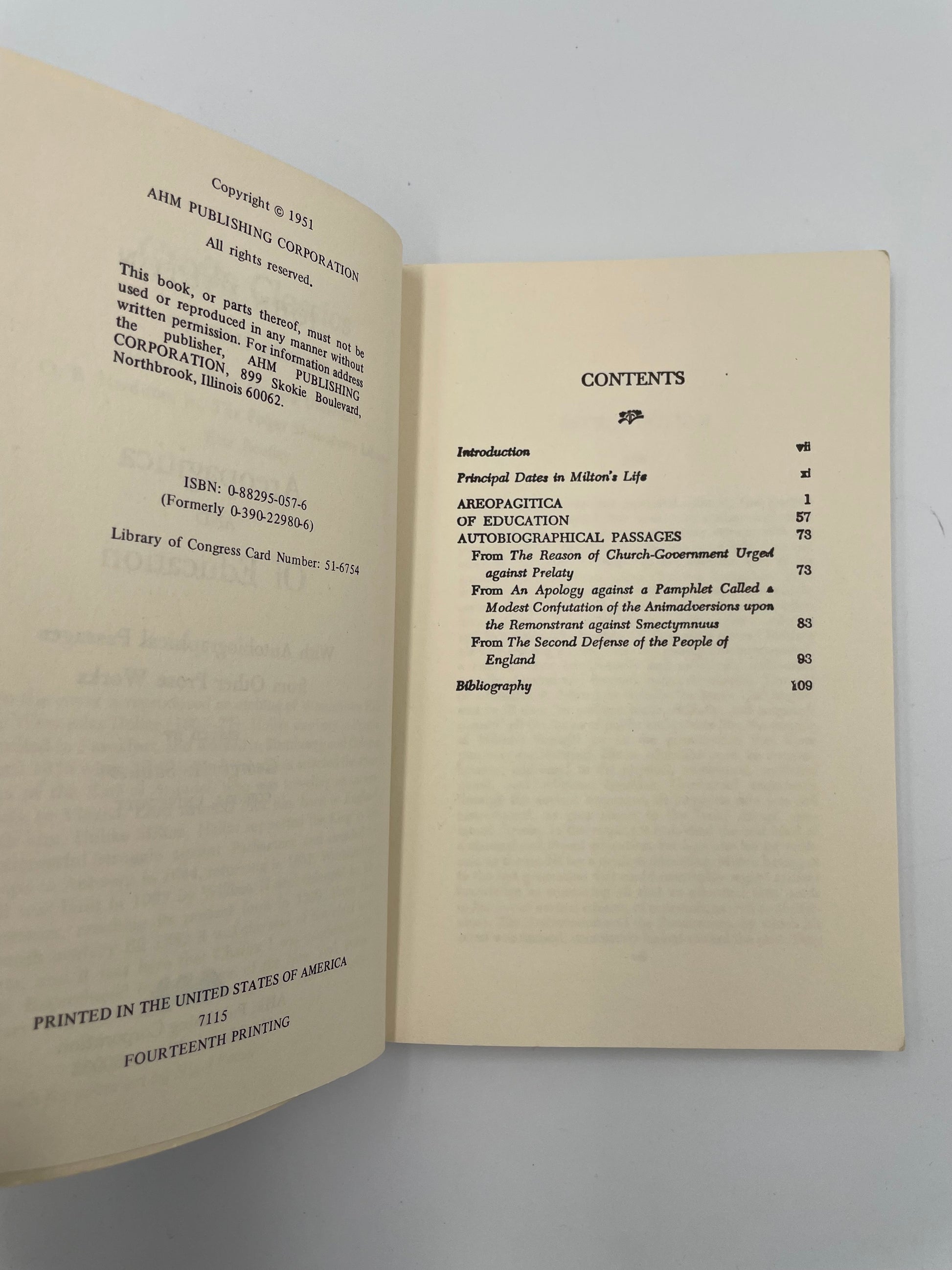Contents page of 'Areopagitica and Of Education' by Milton 