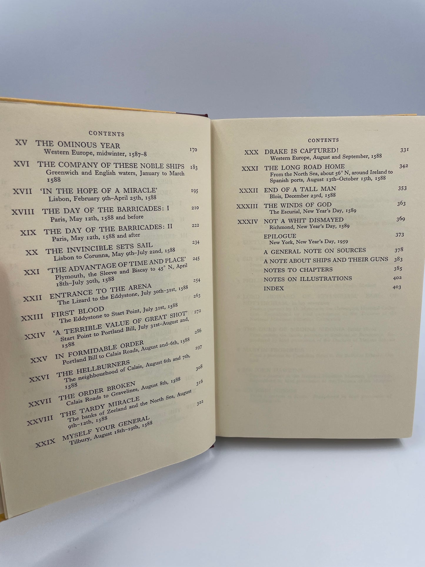 Open book with text of contents on a white background from ‘ The Defeat of the Spanish Armada’ by Garrett Mattingly