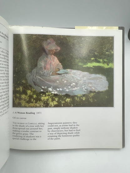 Text and painting of a woman reading from The Life and Works of Monet by Edmund Swinglehurst