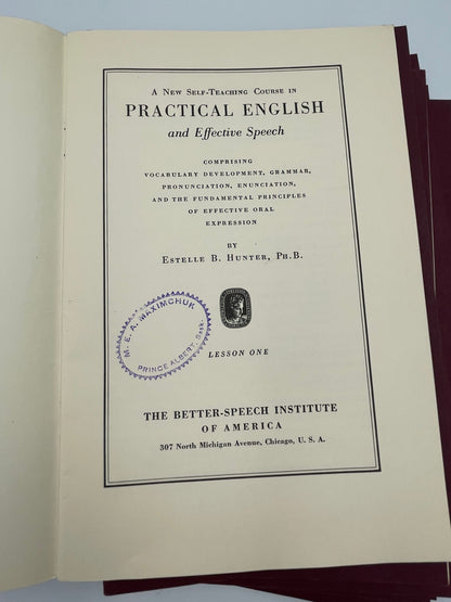 Inside page with owner stamp from "A New Self-Teaching Course in Practical English and Effective Speech" by Estelle B. Hunter