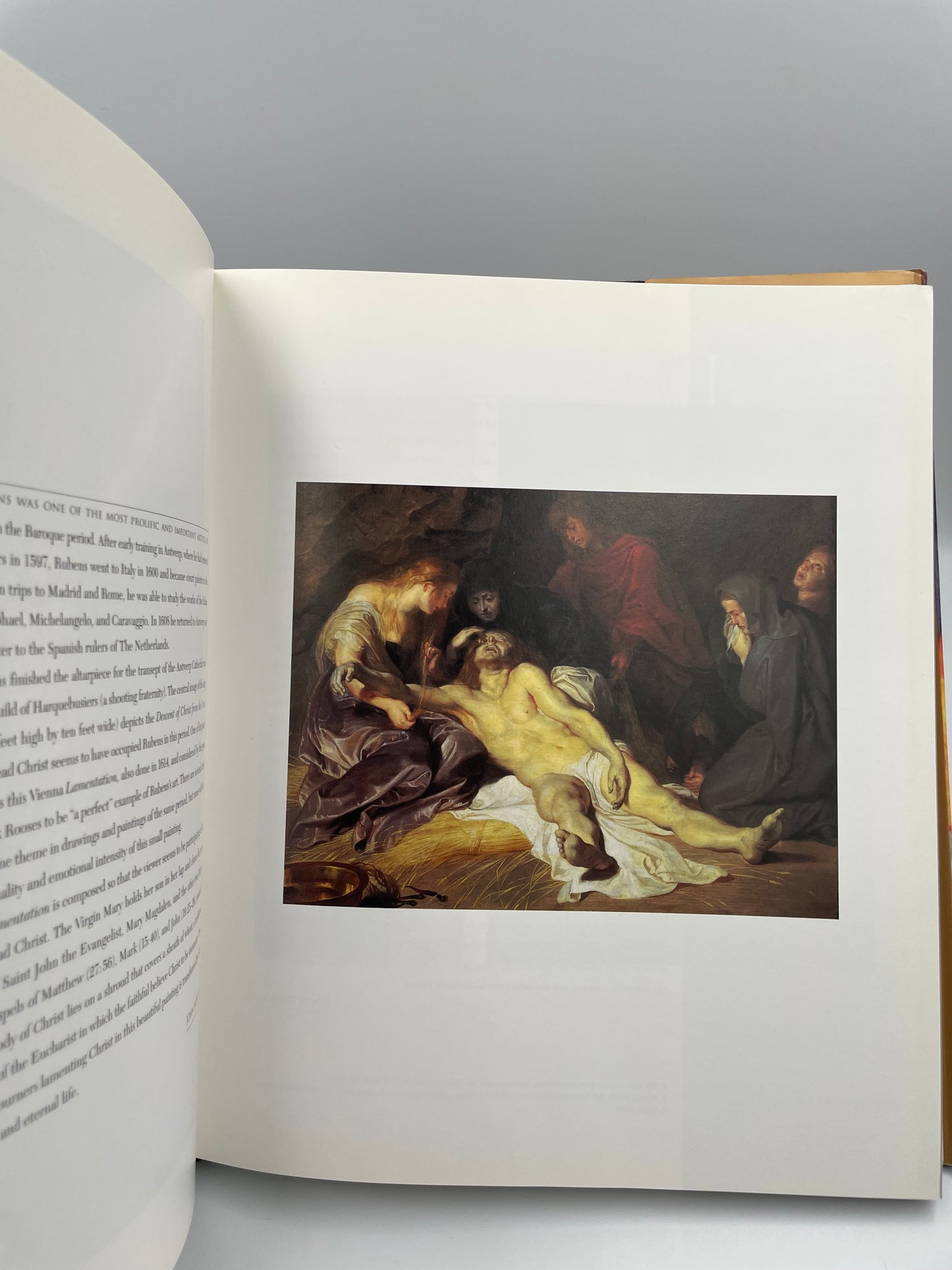 Artistic depiction of a classical painting on a book with visible text.