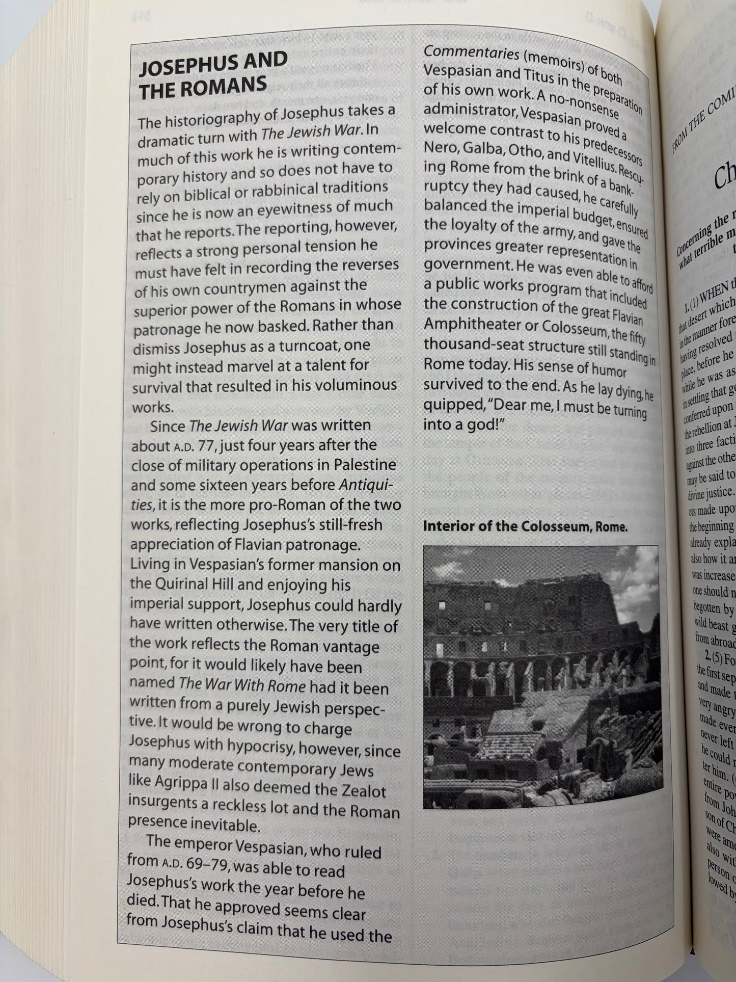 Page with text on Jospehus and the Romans, and a black and white photo of the Colosseum from the book, 'The New Complete Works of Josephus'.