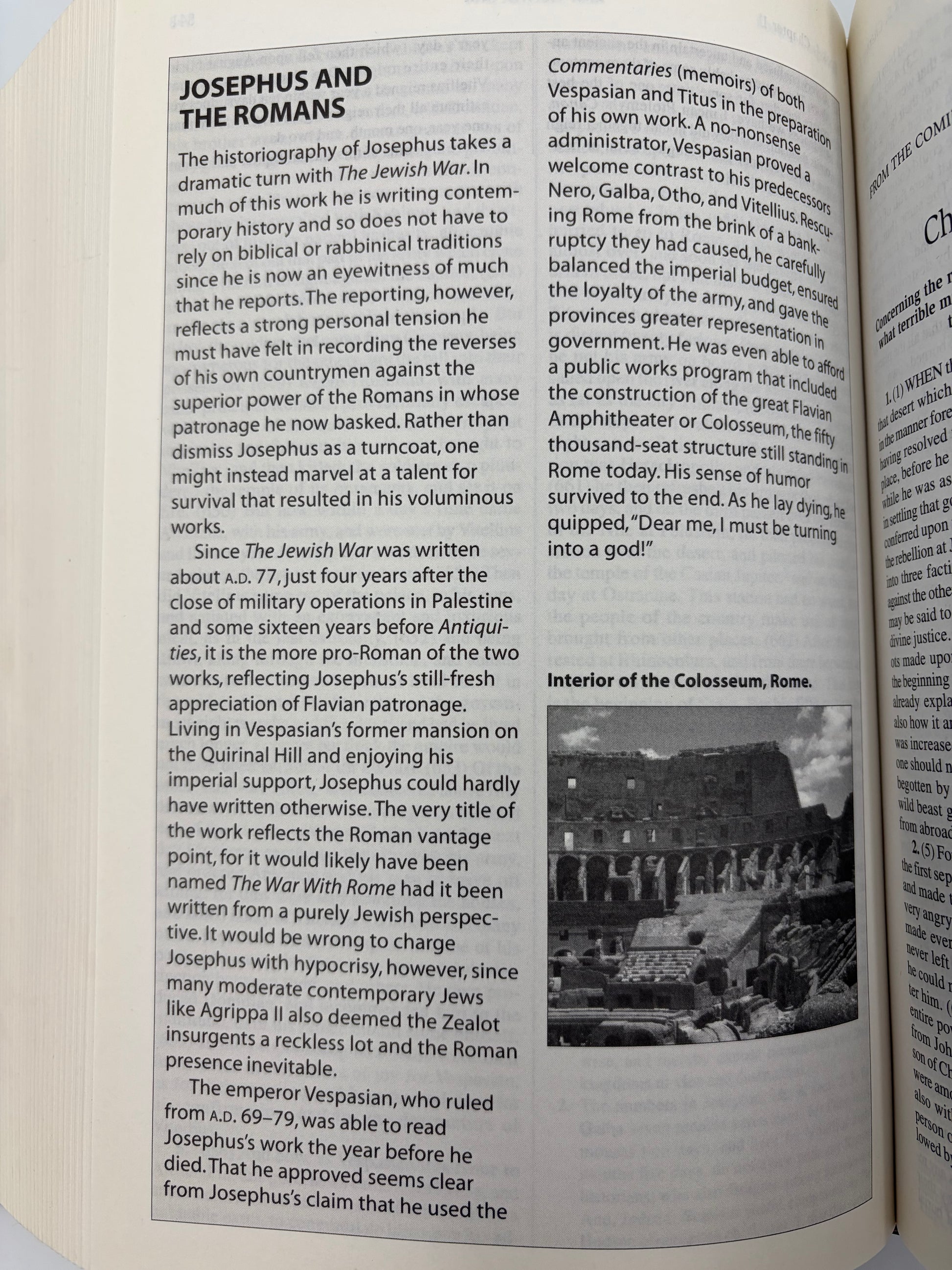 Page with text on Jospehus and the Romans, and a black and white photo of the Colosseum from the book, 'The New Complete Works of Josephus'.
