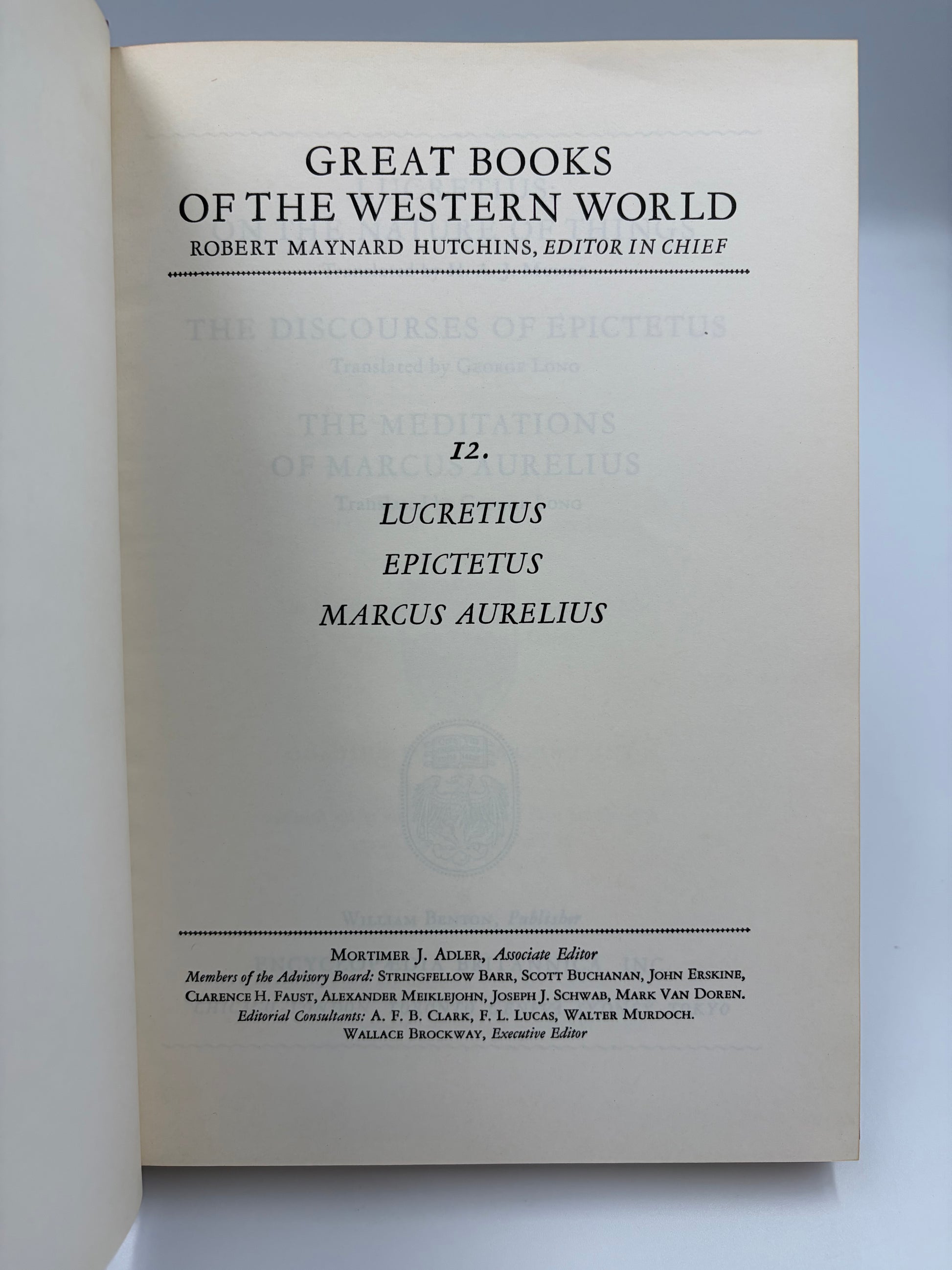 Series title page showing the title 'Great Books of the Western World' with the subtitle '12. Lucretius Epictetus Marcus Aurelius' 