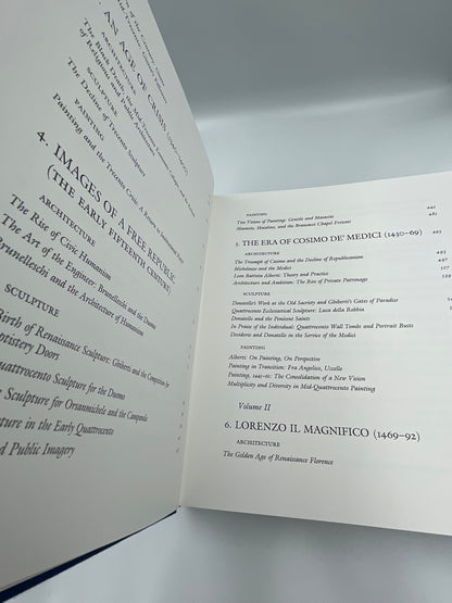 Open pages of contents from "The Art of Florence" (2 volume set) by Glenn Andres, John Hunisak, and Richard Turner 