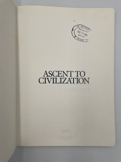 Title page of 'Ascent to Civilization' with a visible stamp on the cover against a gray background