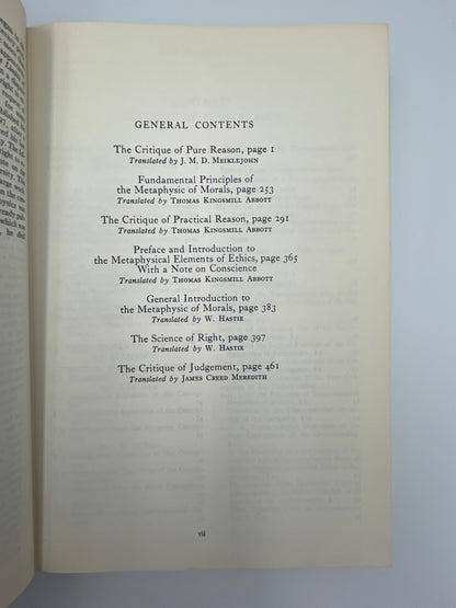Contents page from "Kant" (Britannica: Great Books of the Western World) The Critique of Pure Reason. The Critique of Practical Reason And Other Ethical Treatises. The Critique of Judgement.