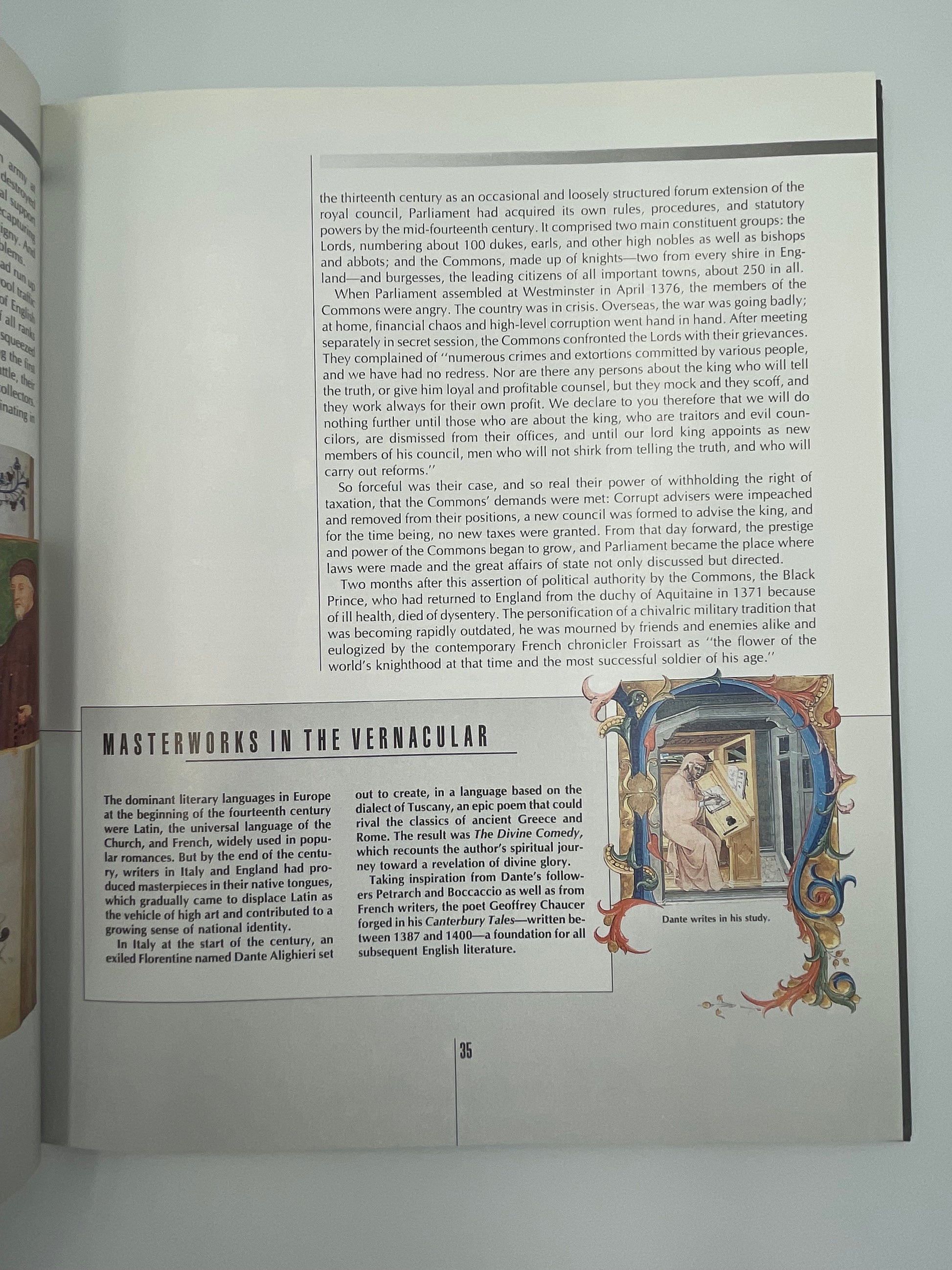 Inside page of book  'Time Frame A.D. 1300-1400' with decorative text and illustrations on a plain background