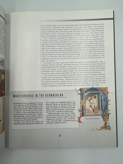 Inside page of book  'Time Frame A.D. 1300-1400' with decorative text and illustrations on a plain background