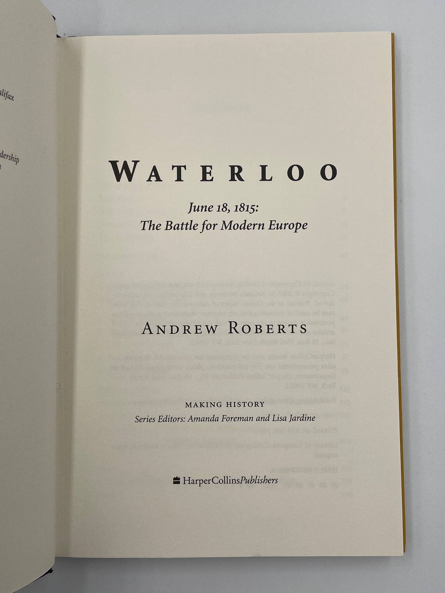 Title page of 'Waterloo' by Andrew Roberts on a gray background.