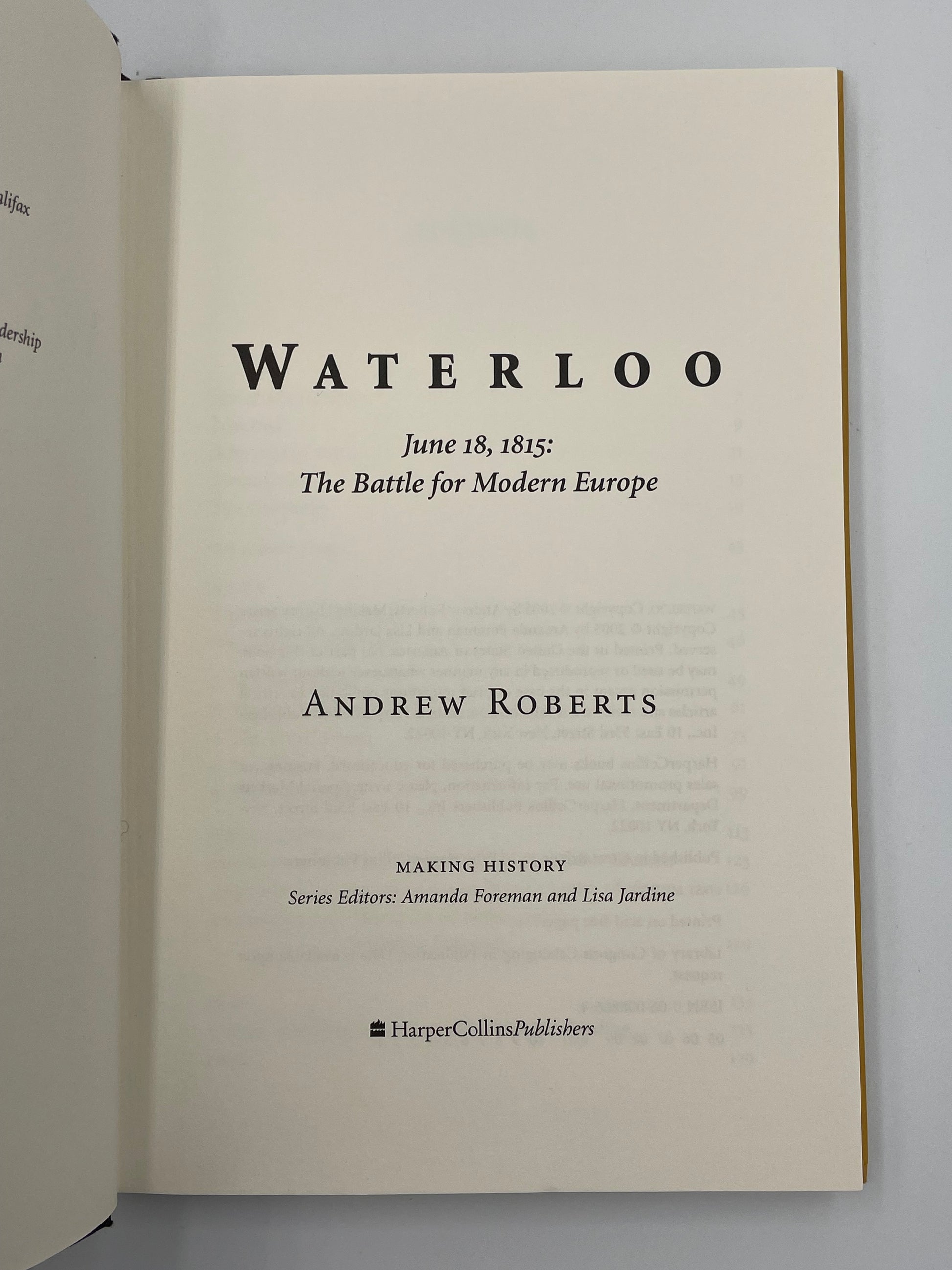 Title page of 'Waterloo' by Andrew Roberts on a gray background.
