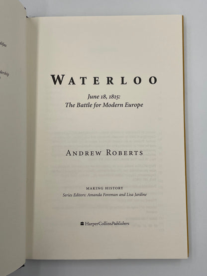 Title page of 'Waterloo' by Andrew Roberts on a gray background.