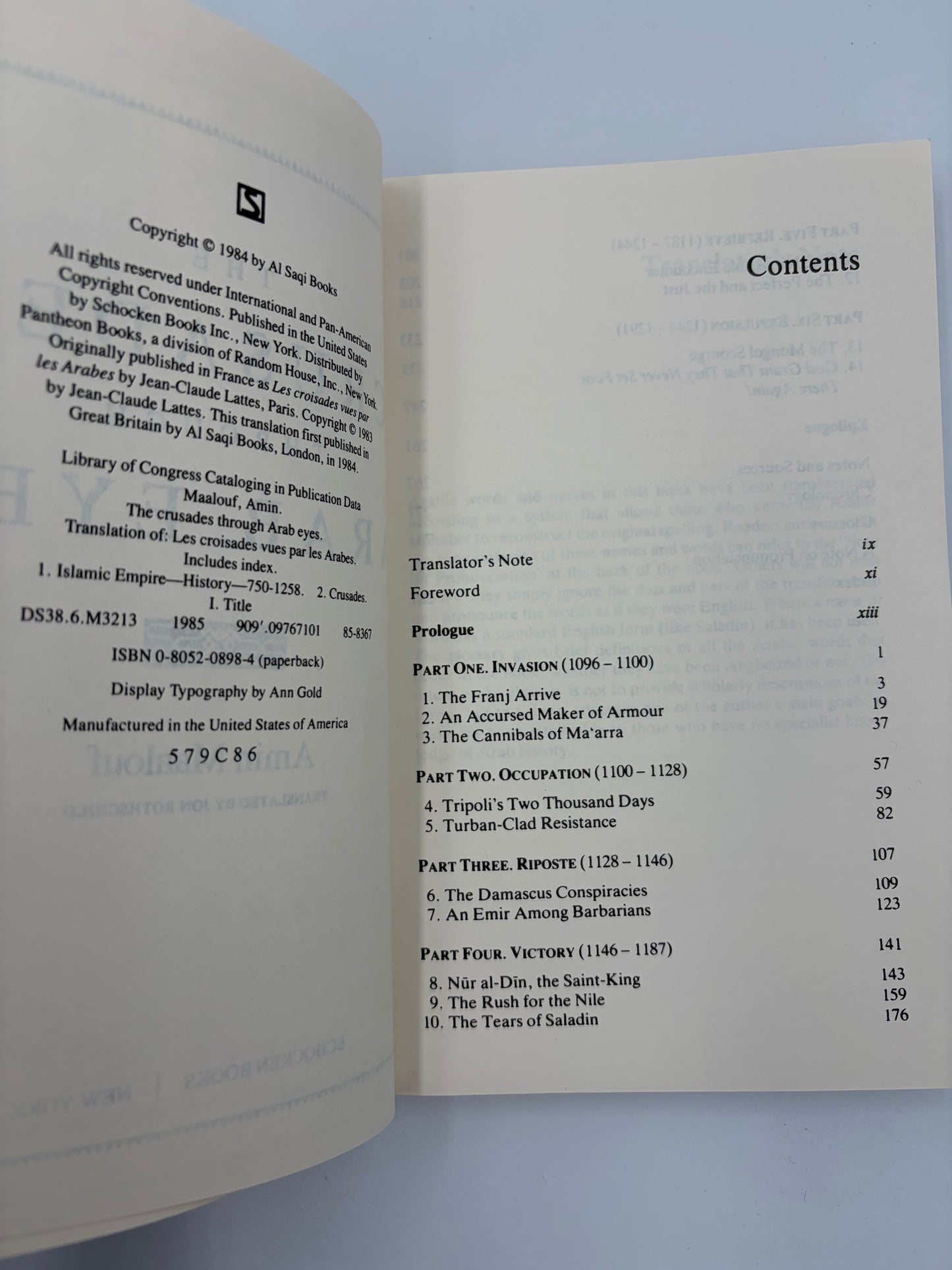 Contents and copyright pages from “The Crusades through Arab eyes”.