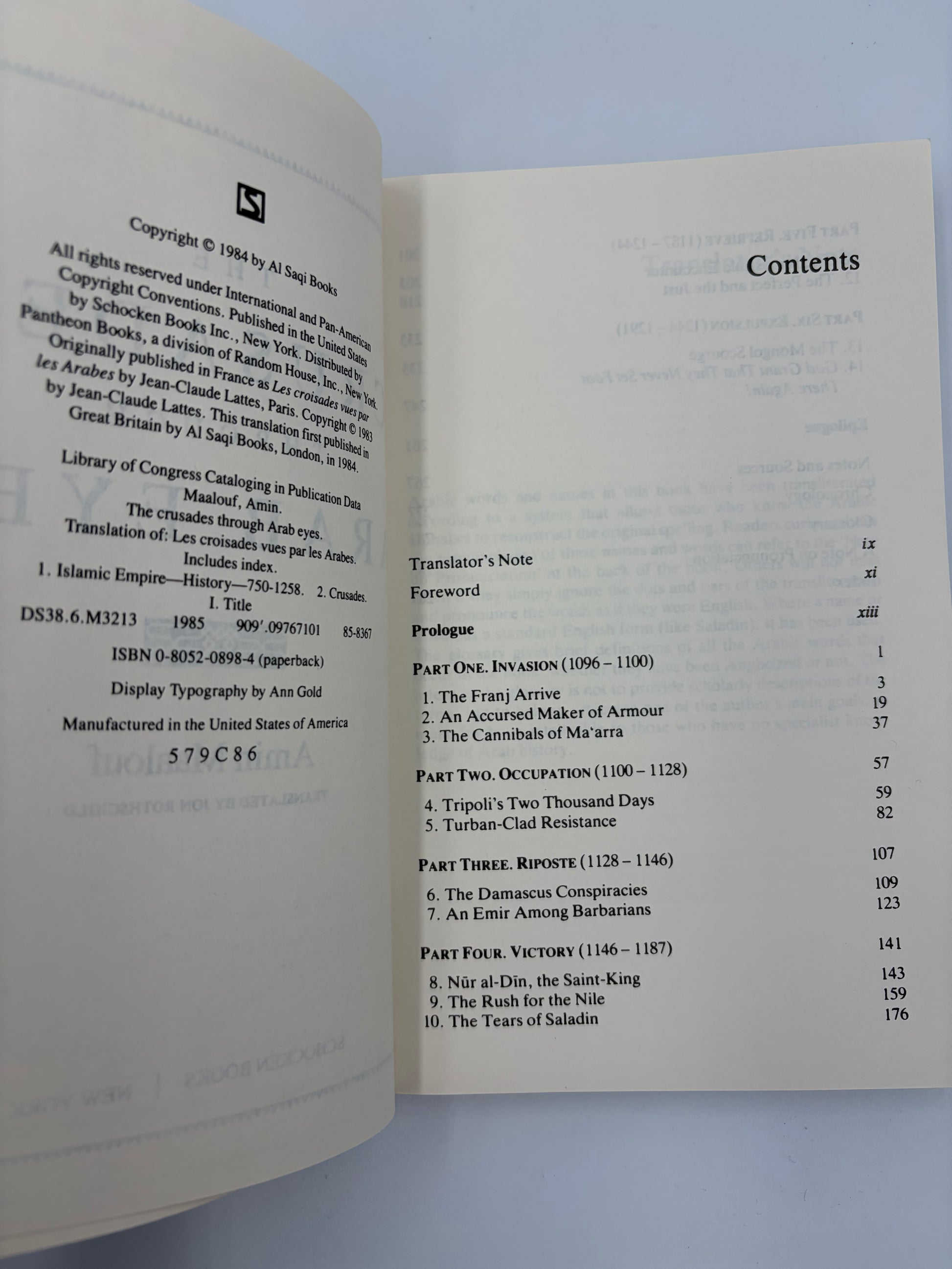 Contents and copyright pages from “The Crusades through Arab eyes”.