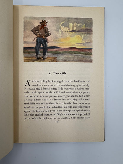Page 9 with an illustration of a cowboy at sunset, with text on a white background from the start of the book, 'The Red Pony' by John Steinbeck. 