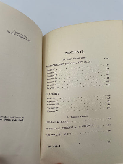 Contents page of "Harvard Classics. J.S.Mill. T. Carlyle" (1st Harvard Classics 1909 edition).