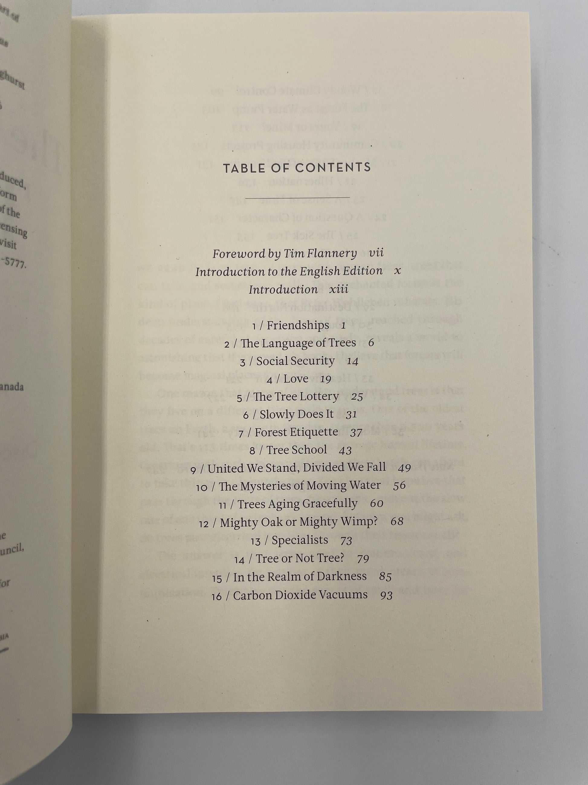 Table of contents page from 'The Hidden Life of Trees' by Peter Wohlleben.