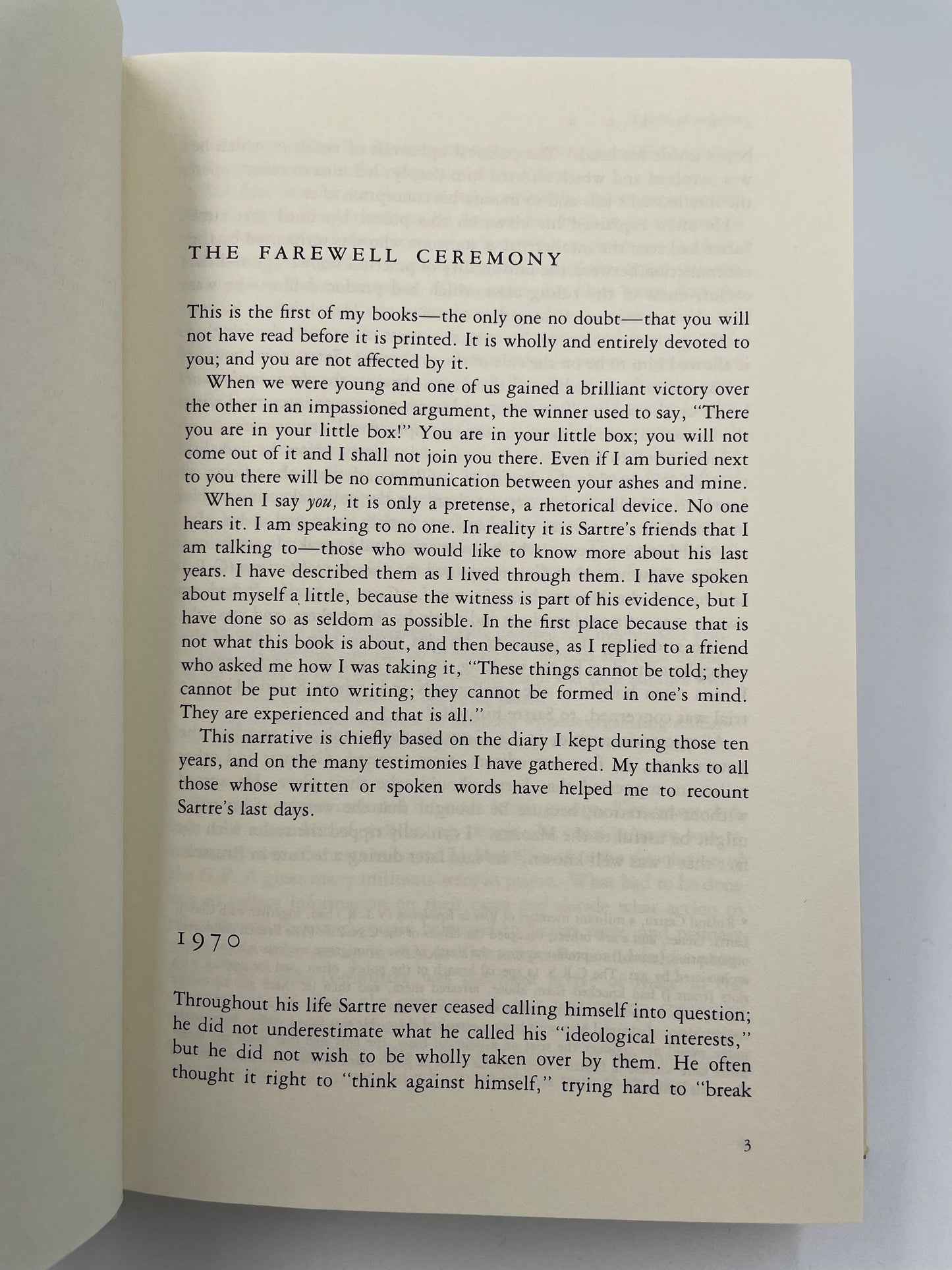Introductory page from the book ‘Adieux: A Farewell to Sarte’ by Simone de Beauvoir.