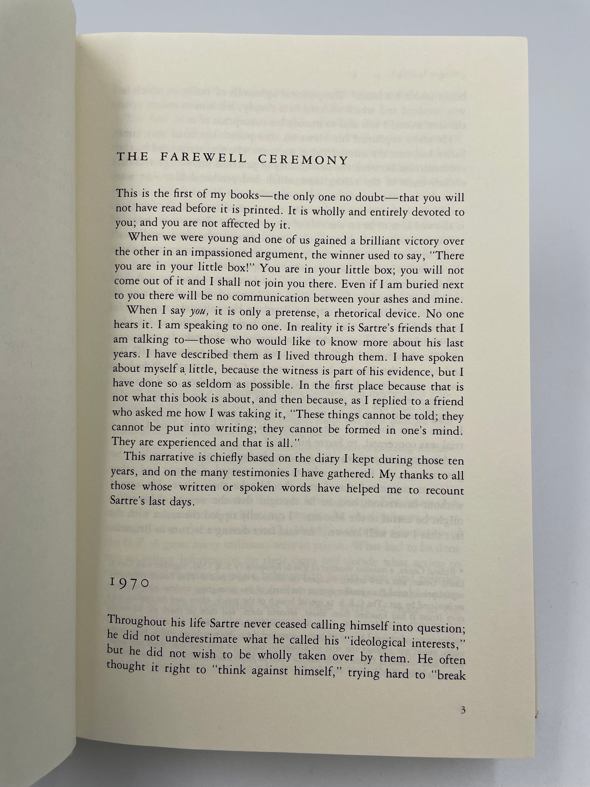 Introductory page from the book ‘Adieux: A Farewell to Sarte’ by Simone de Beauvoir.